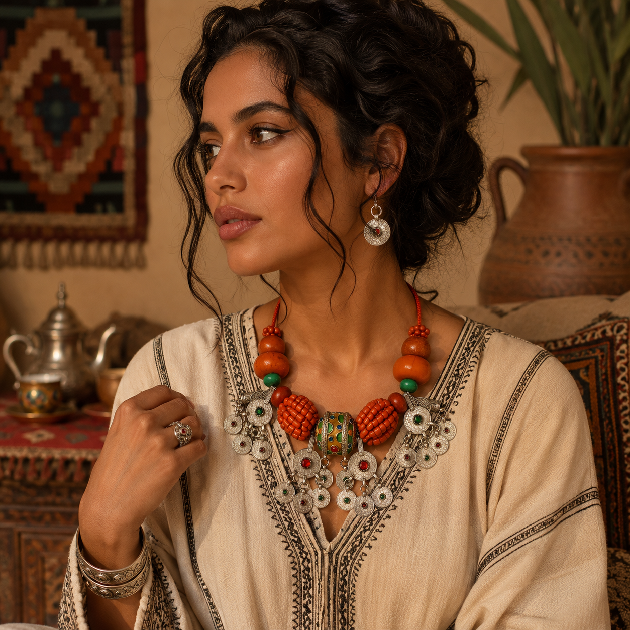 Berber-Inspired Statement Necklace – Orange Beads & Tribal Charms