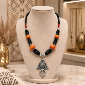 Bohemian Berber-Inspired Statement Necklace – Black, Orange & Silver