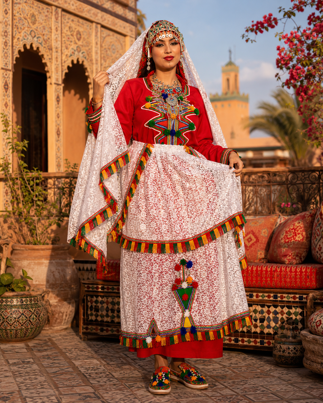 Traditional Amazigh Berber Dress Set with Silver-Plated Jewelry