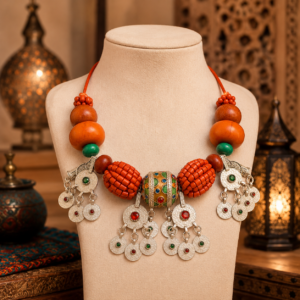 Berber-Inspired Statement Necklace – Orange Beads & Tribal Charms