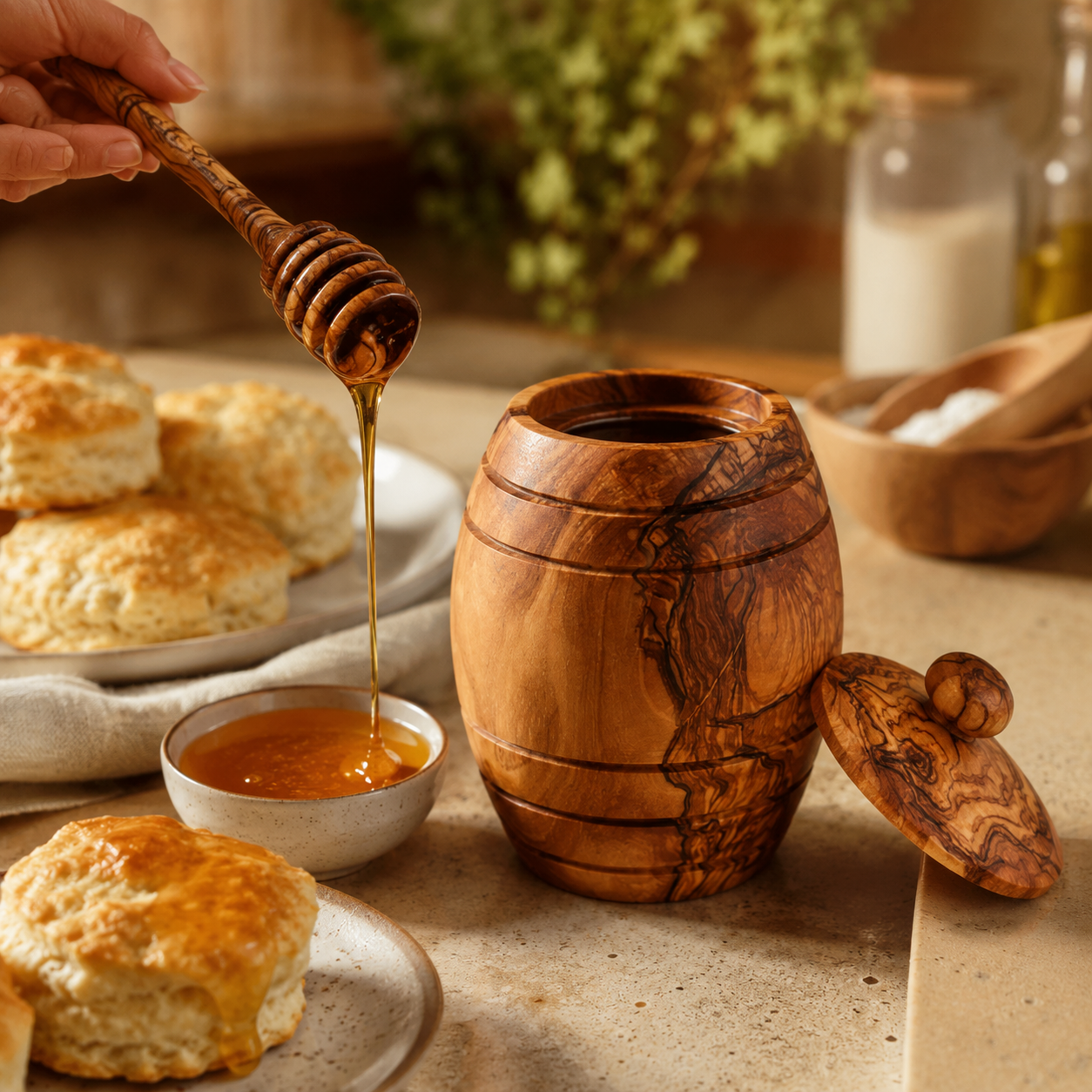 Handmade Olive Wood Honey Pot with Dipper