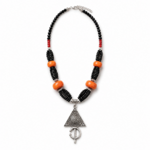 Bohemian Berber-Inspired Statement Necklace – Black, Orange & Silver