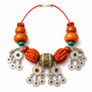 Berber-Inspired Statement Necklace – Orange Beads & Tribal Charms