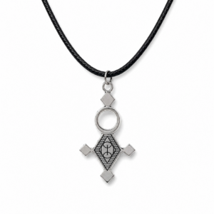 Silver-plated Tuareg cross pendant necklace engraved with traditional ethnic motifs