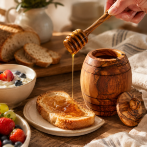 Handmade Olive Wood Honey Pot with Dipper