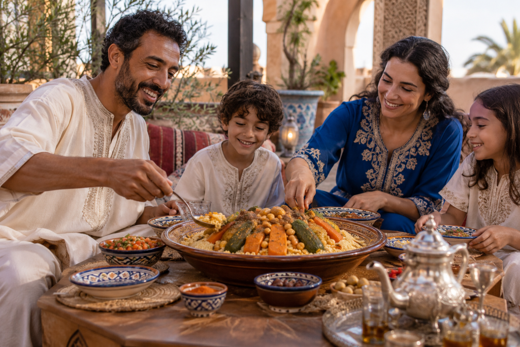 Shared couscous meal in an Amazigh cultural setting