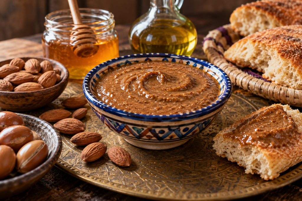 Amlou spread with bread and argan oil ingredients