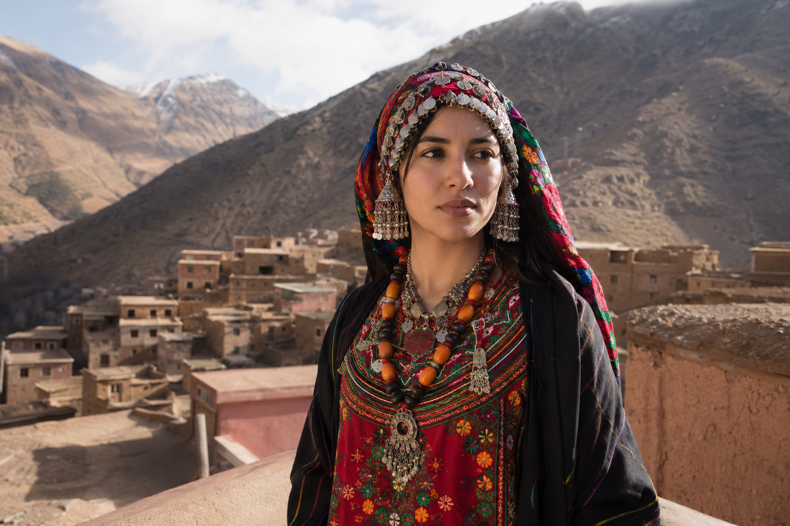 Young Amazigh woman in Morocco wearing traditional clothing in a mountain village