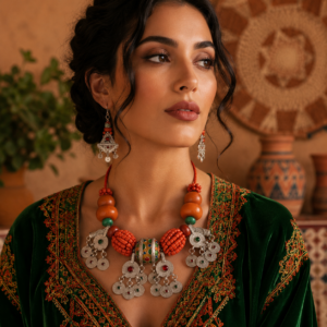 Berber-Inspired Statement Necklace – Orange Beads & Tribal Charms