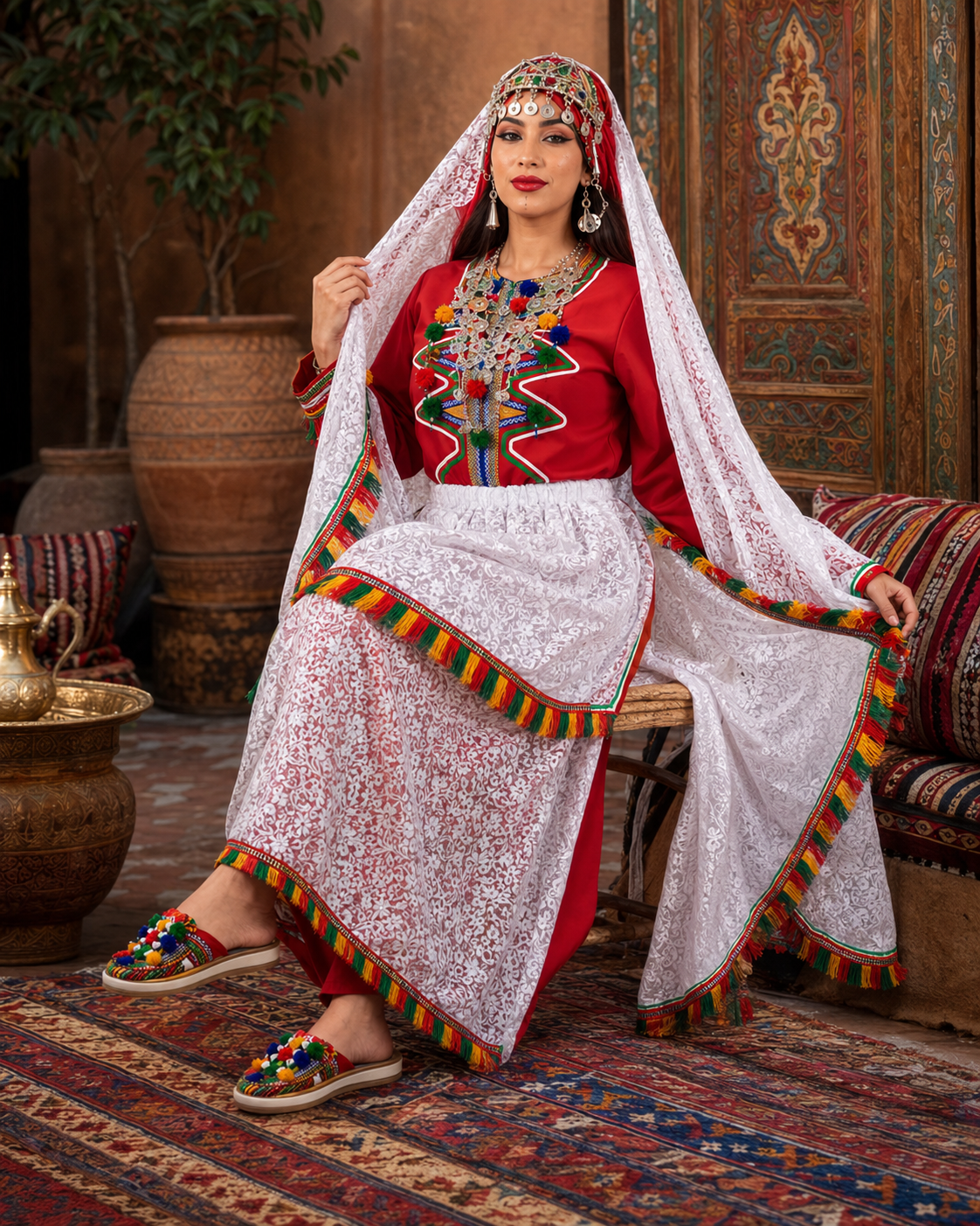 Traditional Amazigh Berber Dress Set with Silver-Plated Jewelry - Image 2
