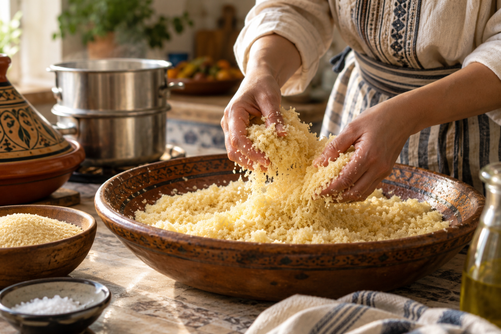 Traditional couscous preparation by hand