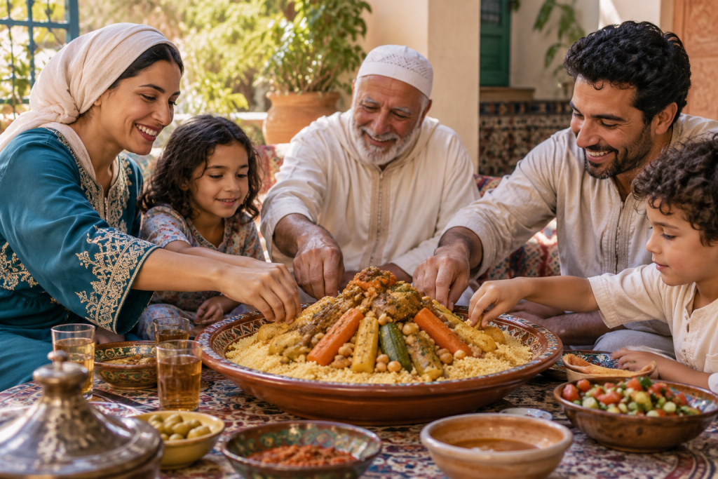 Family sharing a couscous meal