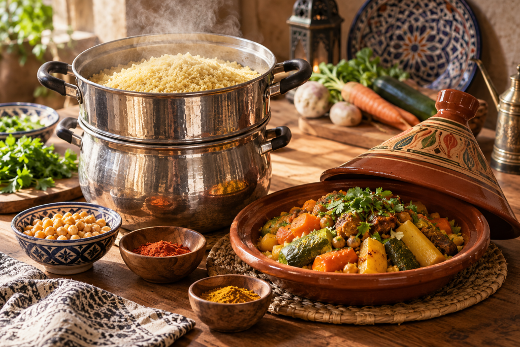 Traditional couscous cooking utensils
