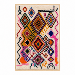 Framed Hand-Tufted Berber Wool Wall Art – Colorful Atlas Symbols Design