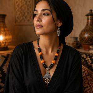 Bohemian Berber-Inspired Statement Necklace – Black, Orange & Silver