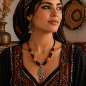 Bohemian Berber-Inspired Statement Necklace – Black, Orange & Silver