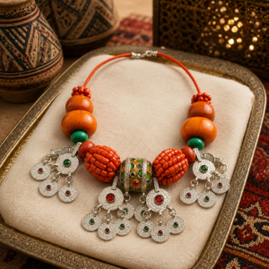 Berber-Inspired Statement Necklace – Orange Beads & Tribal Charms