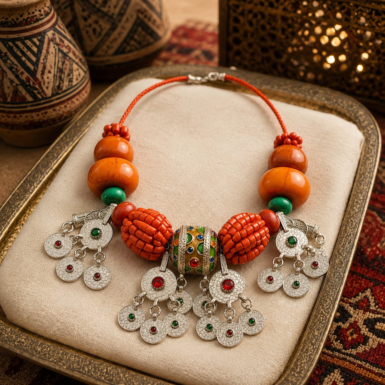 Berber-Inspired Statement Necklace – Orange Beads & Tribal Charms - Image 4