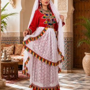 Traditional Amazigh Berber Dress Set with Silver-Plated Jewelry