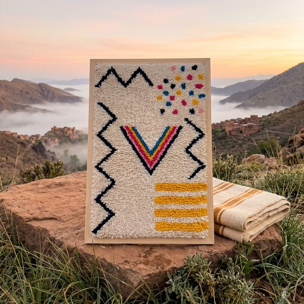Framed Hand-Tufted Berber Wool Wall Art – Atlas Mountain Geometric Design