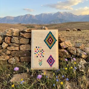 Framed Hand-Tufted Berber Wool Wall Art – Colorful Diamond Design