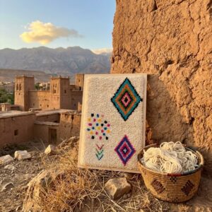 Framed Hand-Tufted Berber Wool Wall Art – Colorful Diamond Design