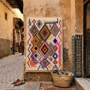 Framed Hand-Tufted Berber Wool Wall Art – Colorful Atlas Symbols Design