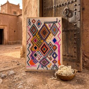 Framed Hand-Tufted Berber Wool Wall Art – Colorful Atlas Symbols Design