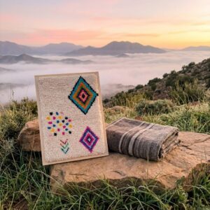 Framed Hand-Tufted Berber Wool Wall Art – Colorful Diamond Design