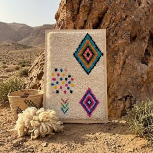 Framed Hand-Tufted Berber Wool Wall Art – Colorful Diamond Design