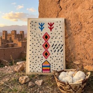 Framed Amazigh Wool Wall Art – Stacked Diamond Symbol Design