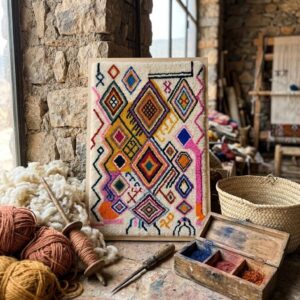 Framed Hand-Tufted Berber Wool Wall Art – Colorful Atlas Symbols Design