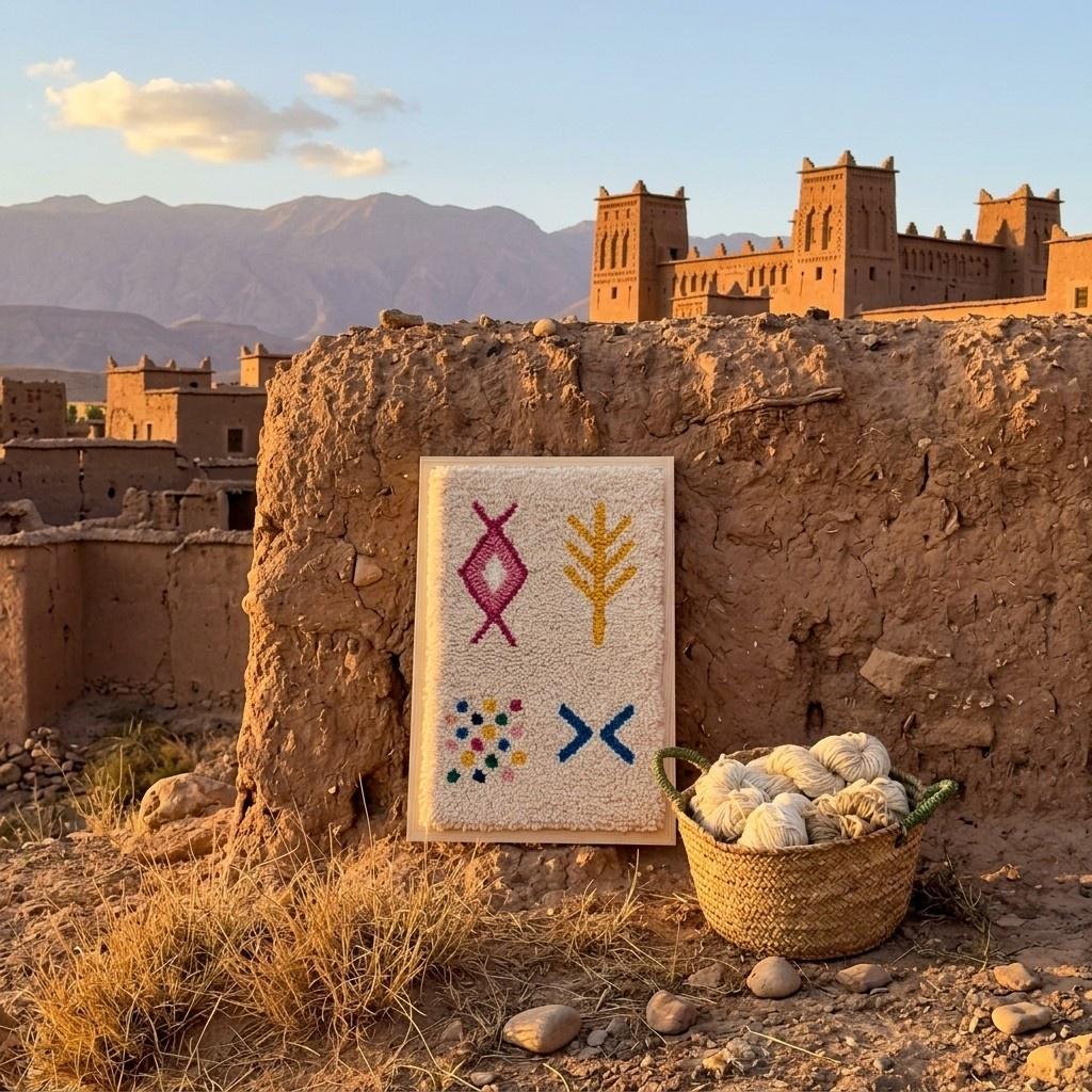 Framed Berber Wool Wall Art: Amazigh Symbols, Boho Textile Hanging, Atlas Artisan Craft