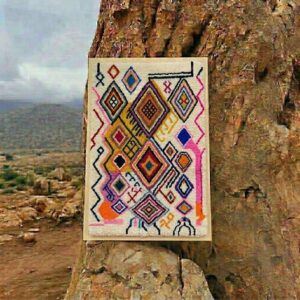 Framed Hand-Tufted Berber Wool Wall Art – Colorful Atlas Symbols Design