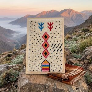 Framed Amazigh Wool Wall Art – Stacked Diamond Symbol Design