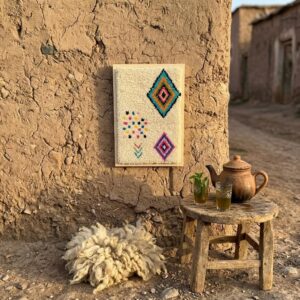 Framed Hand-Tufted Berber Wool Wall Art – Colorful Diamond Design