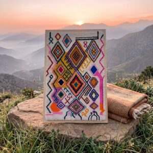 Framed Hand-Tufted Berber Wool Wall Art – Colorful Atlas Symbols Design