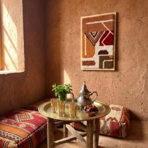 Framed Handwoven Berber Wool Wall Hanging – Terracotta Geometric Design