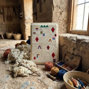 Framed Handwoven Berber Wool Wall Art – Floating Symbol Design