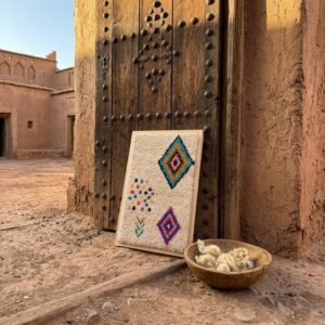 Framed Hand-Tufted Berber Wool Wall Art – Colorful Diamond Design
