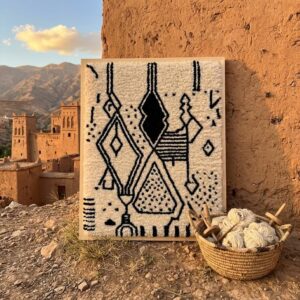 Framed Hand-Tufted Berber Wool Wall Art – Black & Ivory Symbol Design