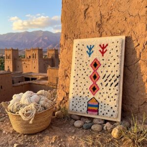 Framed Amazigh Wool Wall Art – Stacked Diamond Symbol Design