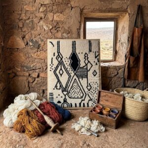 Framed Hand-Tufted Berber Wool Wall Art – Black & Ivory Symbol Design