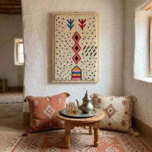 Framed Amazigh Wool Wall Art – Stacked Diamond Symbol Design