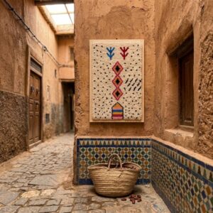 Framed Amazigh Wool Wall Art – Stacked Diamond Symbol Design