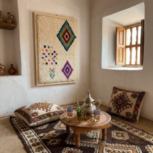 Framed Hand-Tufted Berber Wool Wall Art – Colorful Diamond Design