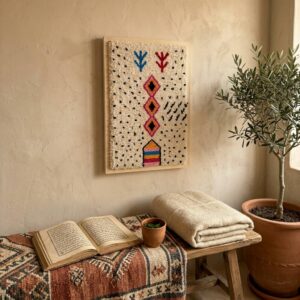 Framed Amazigh Wool Wall Art – Stacked Diamond Symbol Design