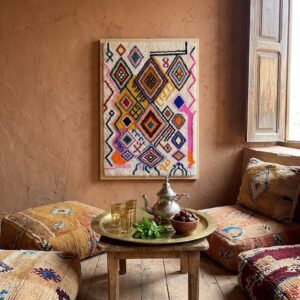 Framed Hand-Tufted Berber Wool Wall Art – Colorful Atlas Symbols Design