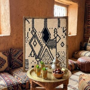Framed Hand-Tufted Berber Wool Wall Art – Black & Ivory Symbol Design