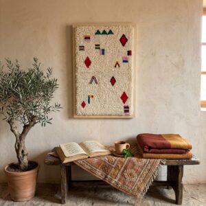 Framed Handwoven Berber Wool Wall Art – Floating Symbol Design
